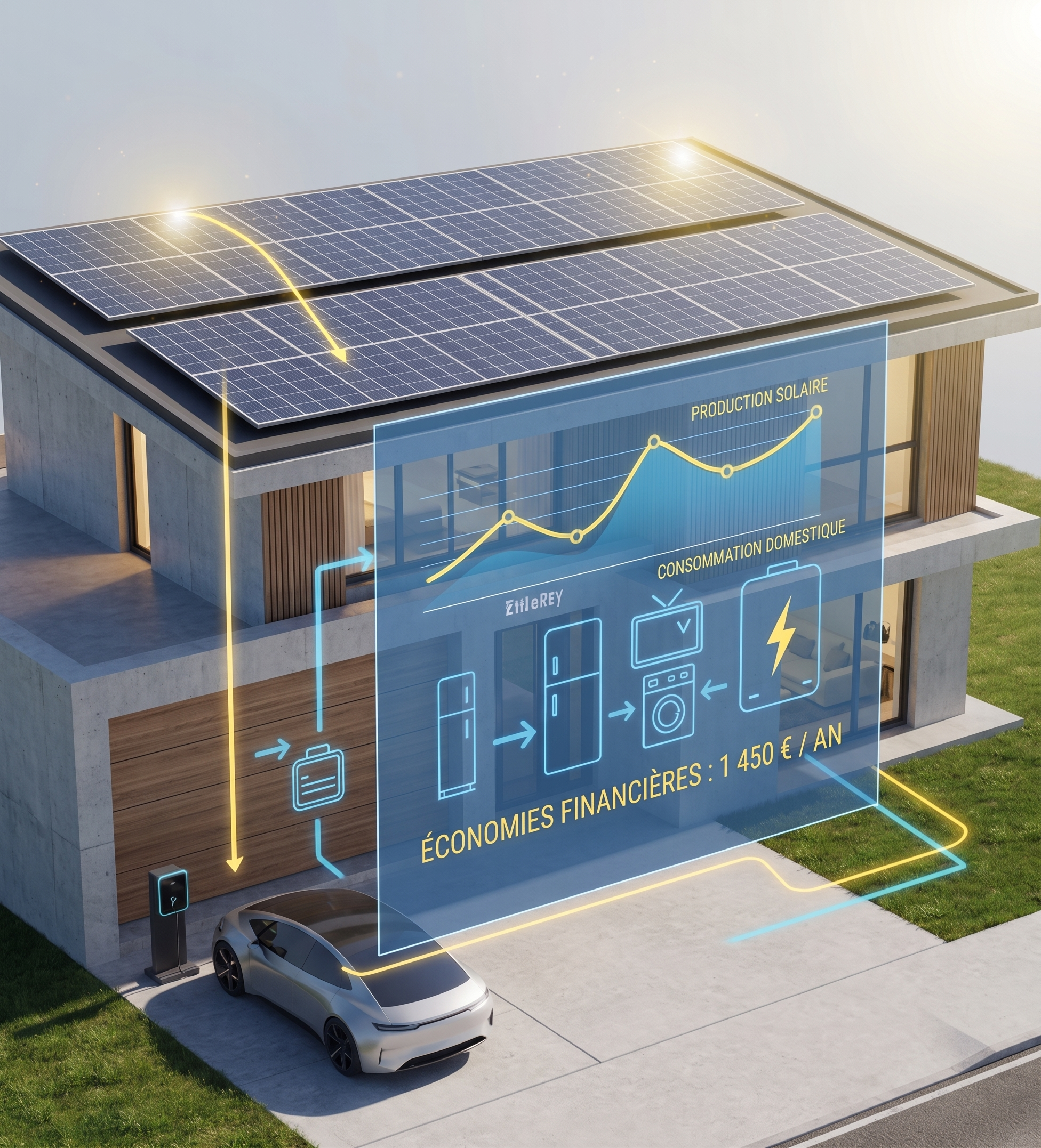 Schéma : panneaux photovoltaïques, autoconsommation, batterie de stockage et revente du surplus